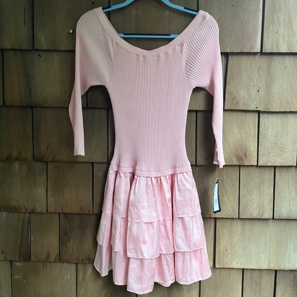 Bebe Off The Shoulder Ribbed Top Tiered Skirt Rose Dress Size L - Picture 5 of 12